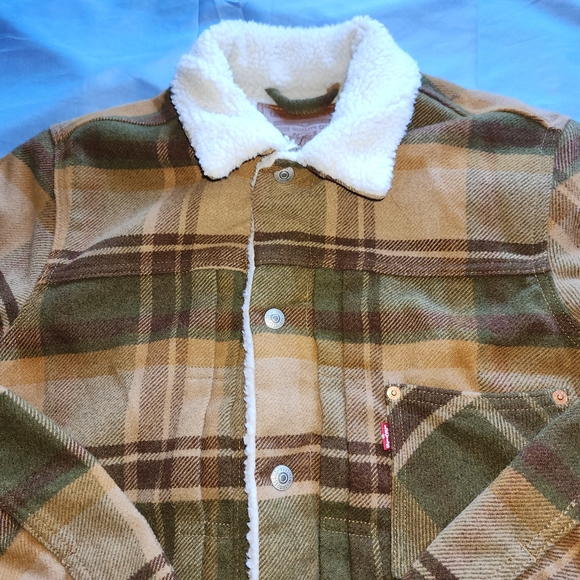 LEVI'S MEN'S PLAID WOOL- BLEND SHERPA-LINED TRUCKET JACKET BROWN/GREEN SZ SMALL - Picture 4 of 13